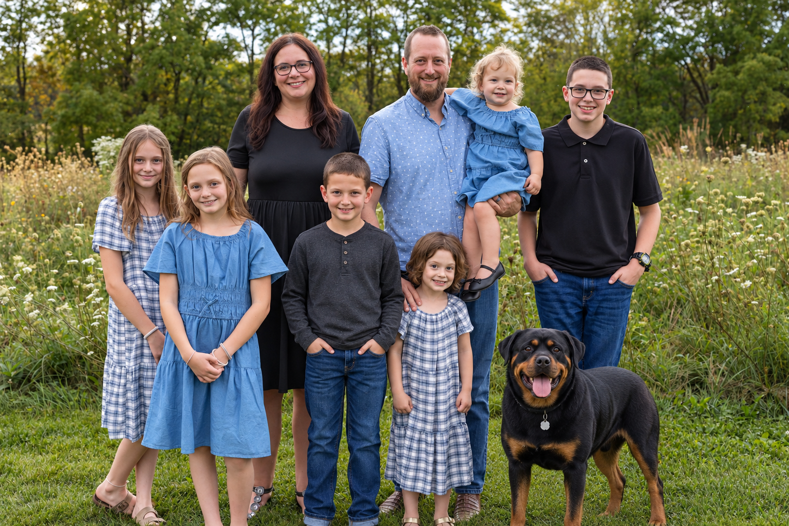 The Loughrin family and their dog together outdoors