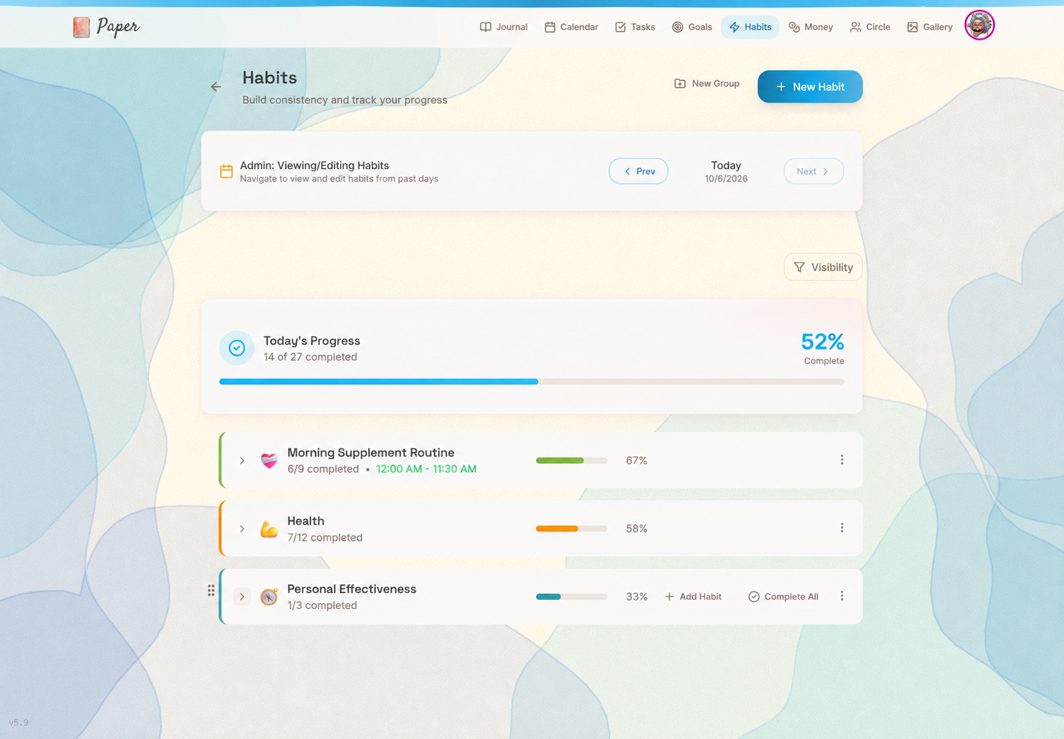 Paper’s desktop Habits overview with illustrative partial completion in daily progress and three collapsed habit groups