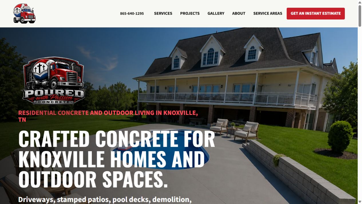 Screenshot of the Poured with Passion homepage, with its navigation, logo, and Crafted Concrete headline